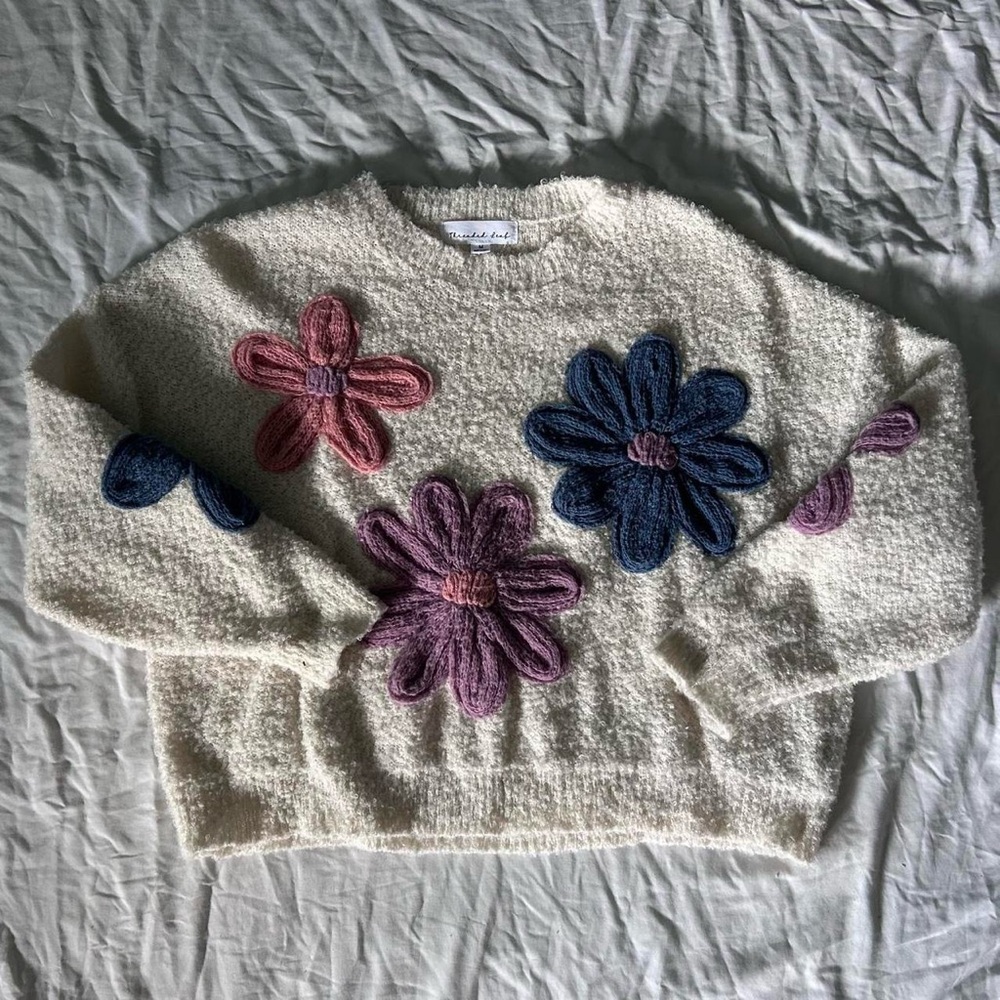 Cream and Pink Crew Neck Sweater with Floral Embroidery